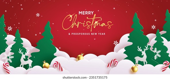 Merry christmas text vector design. Christmas and happy new year greeting card with pine tree, fir tree and clouds paper cut style in elegant background. Vector illustration xmas season paper cut card