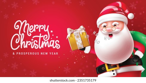 Merry christmas text vector design. Christmas santa claus fat and funny character holding gif sack and gift box decoration elements. Vector illustration greeting card design.
