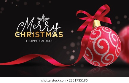Merry christmas text vector design. Merry christmas and happy new year greeting card with red color xmas balls and glitter pattern in elegant background. Vector illustration seasonal holiday card.
