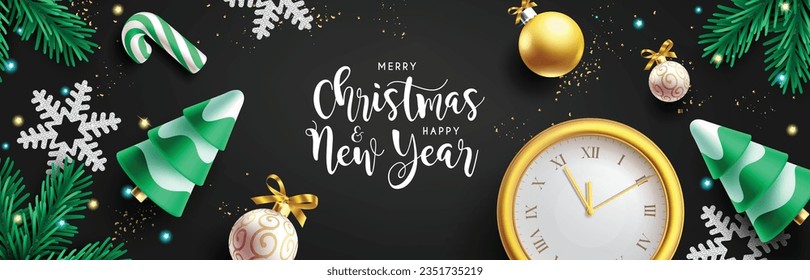 Merry christmas text vector design. Christmas greeting card with pine tree, snowflakes, clock and xmas balls decoration elements. Vector illustration elegant greeting card.
