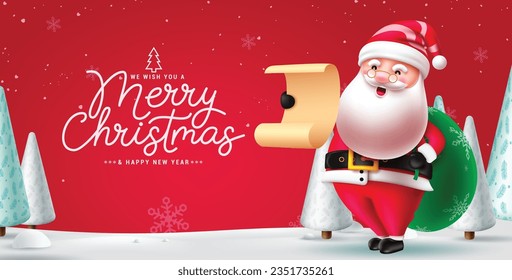 Merry christmas text vector design. Christmas santa claus character reading wish list and holding sack of gift in snow winter background. Vector illustration greeting card design.
