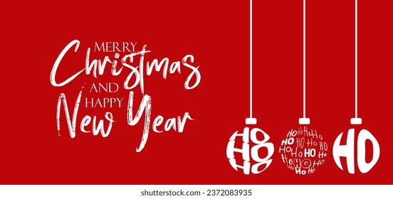 Merry Christmas text vector design. Christmas balls sphere hanging ornament decoration. Christmas banner with balls and text. Vector illustration greeting card background.