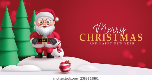 Merry christmas text vector design. Christmas santa claus and snowman characters in winter snow outdoor holiday background. Vector illustration holiday season greeting card. 
