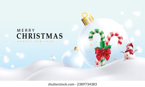 Fröhliche Weihnachtsschrift, Vektordesign. Weihnachtsgrußkarte mit Bonbons und Glasbälle, Weihnachtsdekoration für Wintersaison Hintergrund. Vektorgrafik-Urlaubssaison-Design.  
