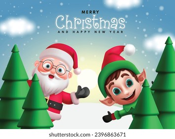 Fröhliche Weihnachtsschrift, Vektordesign. Fröhliche Weihnachten und glückliches neues Jahr mit Weihnachtsklauseln und Rentierfiguren im Winterschnee. Weihnachtsfeier für Vektorgrafik.