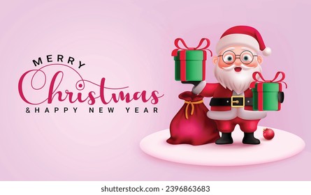 Merry christmas text vector design. Merry christmas and happy new year greeting card with santa claus character holding gift boxes and gift socks for holiday season celebration. Vector illustration