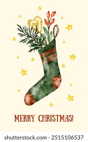 Merry christmas text vector design. Christmas sock with xmas elements. Vector illustration watercolor greeting card