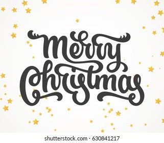 Merry Christmas text. Vector hand lettering xmas script. Cool postcard decorated with gold stars and hand drawn swirls.