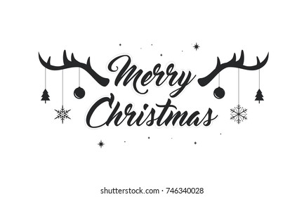 Merry Christmas text vector illustration, lettering with antlers and Christmas decoration. 