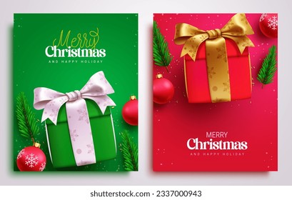 Merry christmas text vector poster design. Christmas greeting with gift boxes ornaments and elements for holiday season background. Vector illustration seasonal card lay out collection.