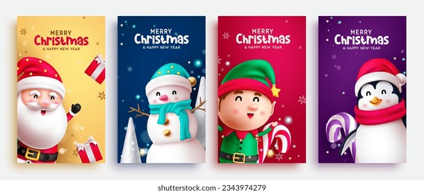 Merry christmas text vector poster set design. Christmas and happy new year greeting card lay out collection for holiday season background. Vector illustration xmas characters for seasonal postcard.

