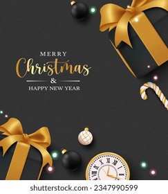 Merry christmas text vector poster design. Christmas gift box in elegant black and gold color decoration xmas elements. Vector illustration greeting card background.
