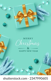 Merry christmas text vector poster design. Christmas greeting card with gift boxes, xmas balls and spruce ornaments in elegant background. Vector illustration holiday season decoration. 
