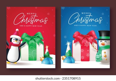 Merry christmas text vector poster set design. Christmas greeting card with penguin and snowman characters in snow winter background. Vector illustration holiday season card collection.
