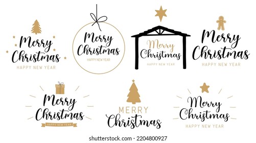 Merry Christmas text vector set, holiday text illustration collection, gold christmas text vector set