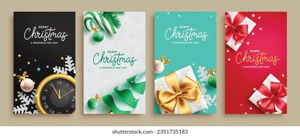 Merry christmas text vector set poster design. Christmas and happy new year greeting card with gifts box, clock and pine tree elements for holiday season lay out collection. Vector illustration xmas 