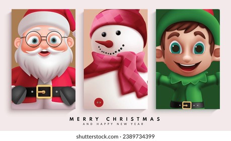 Merry christmas text vector set design. Christmas characters greeting cards collection for gift tags seasonal holiday. Vector illustration happy new year gift tags collection. 
