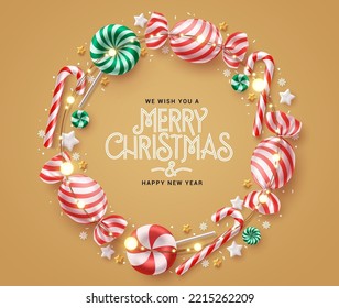 Merry christmas text vector template design. Christmas candy sweets and xmas lights ornament decoration for greeting card invitation background. Vector Illustration.