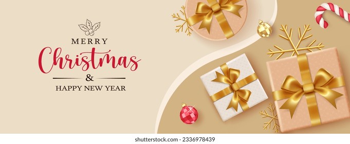 Merry christmas text vector template. Christmas gift boxes in elegant gold color with snowflakes and xmas balls ornaments. Vector illustration seasonal greeting card design.