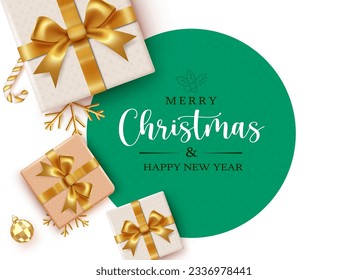 Plantilla de vector de texto de navidad de navidad. Saludo navideño en el espacio de círculo verde para la tipografía con cajas de regalos elementos sorpresa en elegante color dorado. Tarjeta de invitación de vacaciones de ilustración de vector  