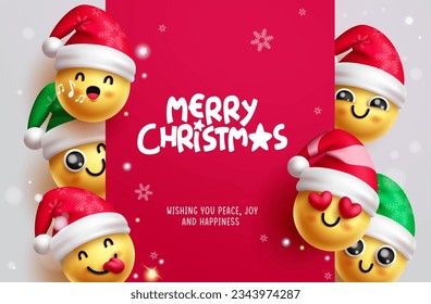 Merry christmas text vector template design. Christmas emojis, emoticons and characters in yellow color for xmas season greeting card. Vector illustration holiday season xmas card.
