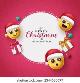 Diseño de plantillas de vector de texto de navidad. Caracteres navideños santa emoji en el espacio circular para la navidad decoración de tarjetas de felicitación fondo. Ilustración vectorial diseño de tarjetas de temporada navideña.
