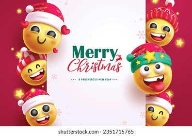 Merry christmas text vector template design. Christmas emojis characters wearing santa hat in happy, funny and naughty facial expression. Vector illustration holiday greeting card background.
