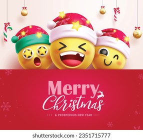Merry christmas text vector template design. Christmas emojis characters wearing santa hat with cute happy facial expression. Vector illustration greeting card template. 
