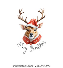 Merry christmas text with watercolor reindeer head, wearing scarf and christmas hat, isolated on white background. Merry christmas greeting vector illustration.