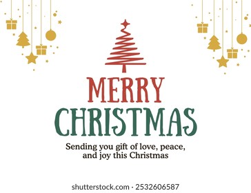 Merry Christmas Text with Wishing Tagline and Hanging Star, Bell, Gift, and Tree, Festive Holiday Greeting, Joyful Typography Design, Cheerful Seasonal Message, Bright Holiday Decor Elements.