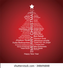 Merry Christmas text  word Tag Cloud shaped as a tree, vector. Winter holiday background.
