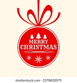 Merry Christmas text with Xmas ball. Greeting, invitation card design with ball, ribbon and snowflakes. Holiday decoration banner concept. Vector illustration.