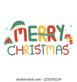 Merry christmas text.Font cartoon hand drawn.Winter concept.Lettering alphabet design.Happy festival.December.Kawaii.Vector.Illustration.