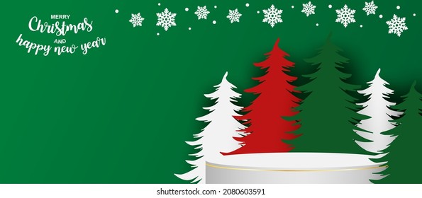 Merry christmas theme product display podium. Design with christmas tree and product stand on green background. vector. illustration.