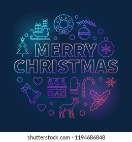 Merry Christmas thin line colored illustration. Vector Xmas greeting card with bright round outline design