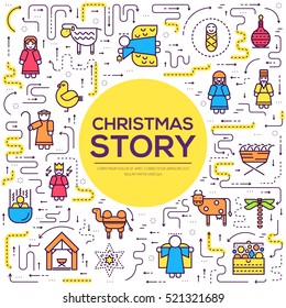 Merry Christmas thin line icons flat set background. Outline birth of Christ illustration background concept.