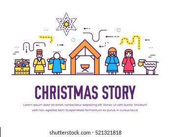 Merry Christmas thin line icons flat set background. Outline birth of Christ illustration background concept.