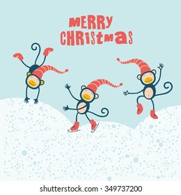 Merry Christmas. Three cheerful monkey dancing on the snow.