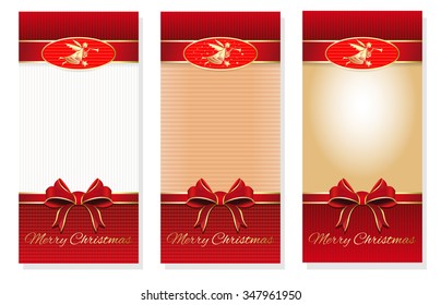 Merry Christmas. Three holiday background with a greeting sign and flying Christmas angel.