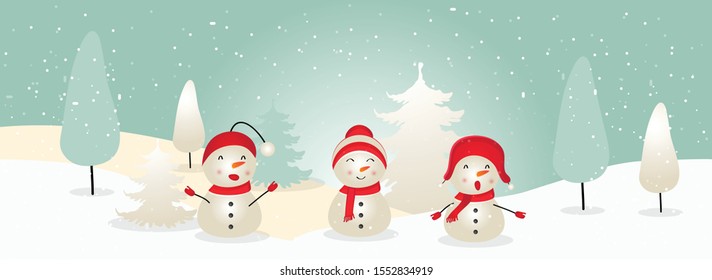 Merry Christmas! Three Snowman Pair banner Design Background.