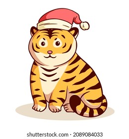 Merry christmas tiger vector with santa hat. 2022 year of the tiger