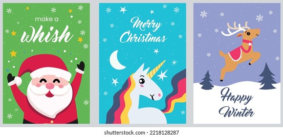 Merry Christmas time cartoon  funny cute kid cards collection set with cute illustrations, santa claus, unicorn horse, deer and handwritten modern calligraphy