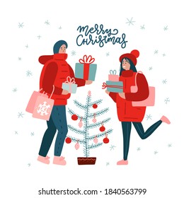 Merry Christmas time greeting card with couple of people holding surprise gift boxes, Christmas tree and xmas calligraphy isolated on white background. Hand drawn flat vector illustration