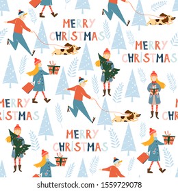 Merry Christmas time seamless pattern with people characters in winter clothes carrying presents, gift boxes, having fun. Vector illustration with lettring for card design, background, print, textile