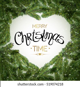 Merry Christmas Time. Christmas Tree Branches Border background with fir and snowflakes. Vector illustration.