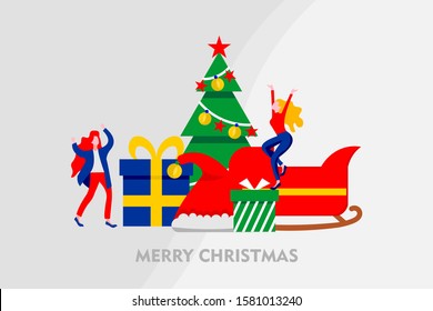merry christmas tiny people flat design vector illustration can use for landing page, web, mobile, app, banner, poster, flyer