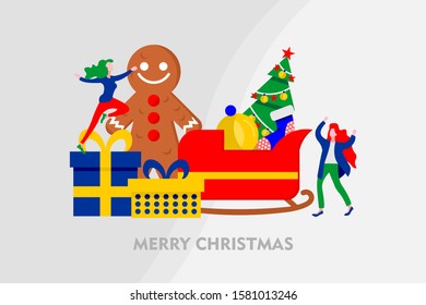 merry christmas tiny people flat design vector illustration can use for landing page, web, mobile, app, banner, poster, flyer