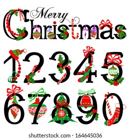 Merry Christmas Title And Collection Of Isolated Christmas Numbers On White Background. Vector Illustration.