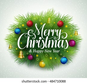 Merry christmas title in green pine leaves with decoration of hanging colorful christmas balls, bells and stars in snow white background. Vector illustration
