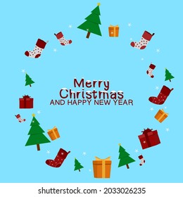 Merry Christmas title with hanging Christmas ornament and failing snow blue background. happy new year greeting card. Vector illustrations 